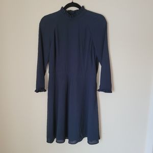 Chelsea28 Navy Long Sleeve Dress with Ruffle High Neck and Cuffs